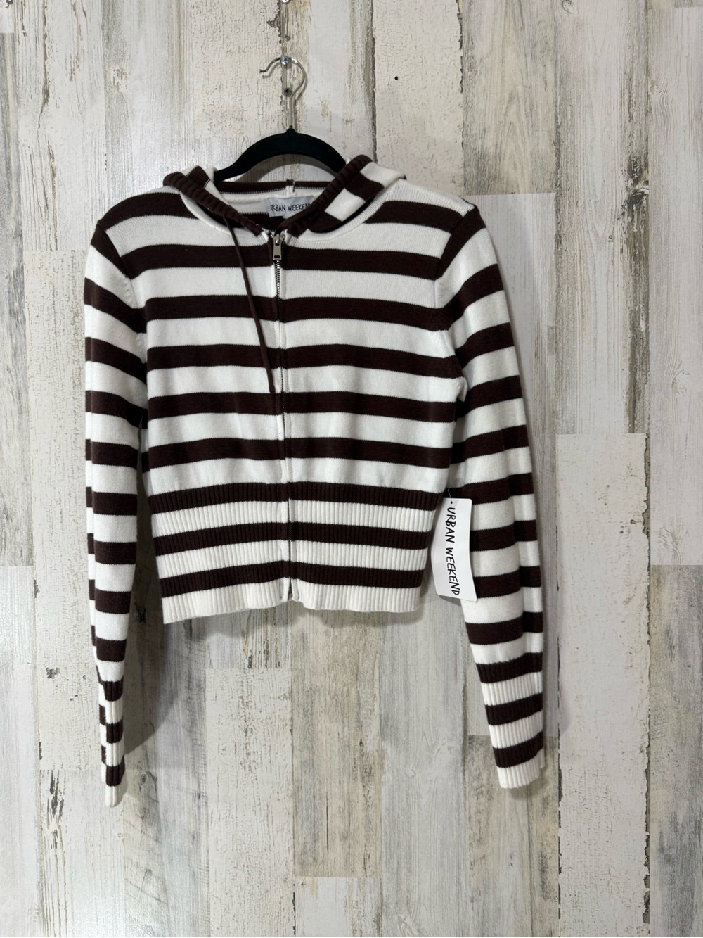 Striped Zip Hoodie - White & Brown